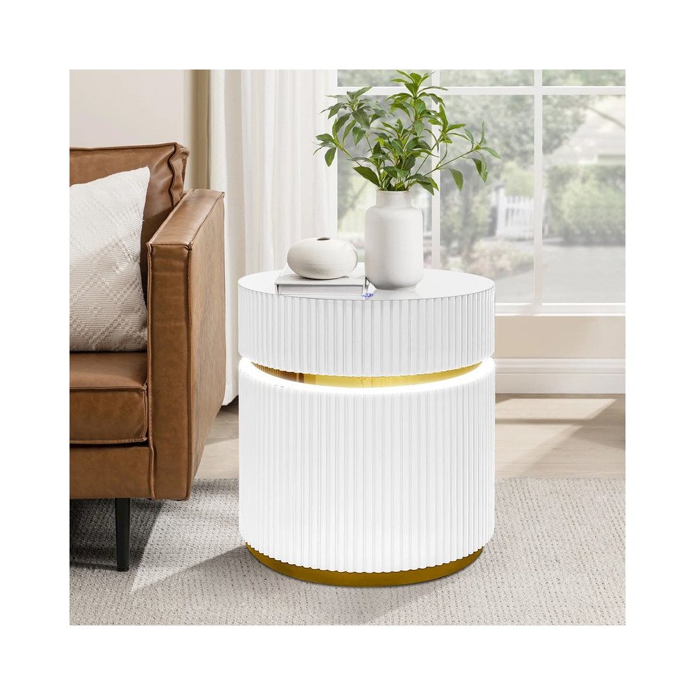 19.5″ Round White Side Table with Glass Top and LED Lights