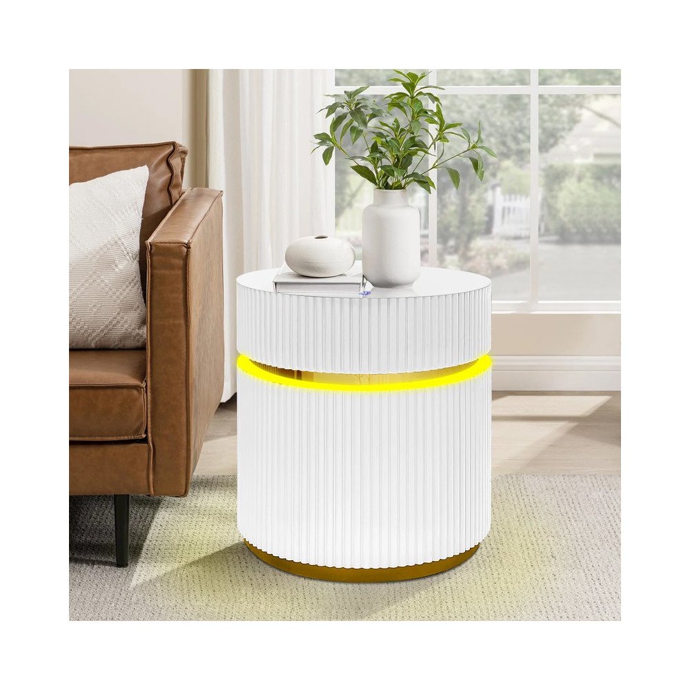 19.5″ Round White Side Table with Glass Top and LED Lights