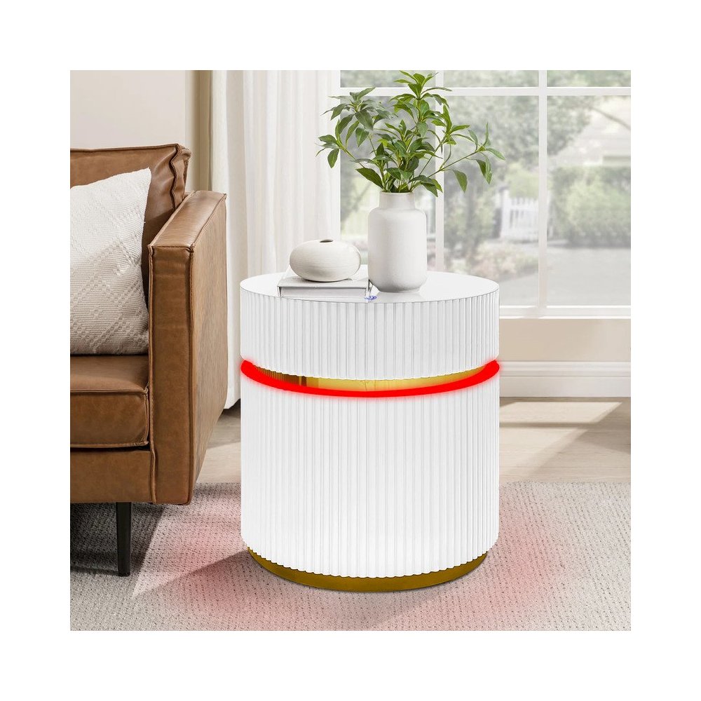 19.5″ Round White Side Table with Glass Top and LED Lights
