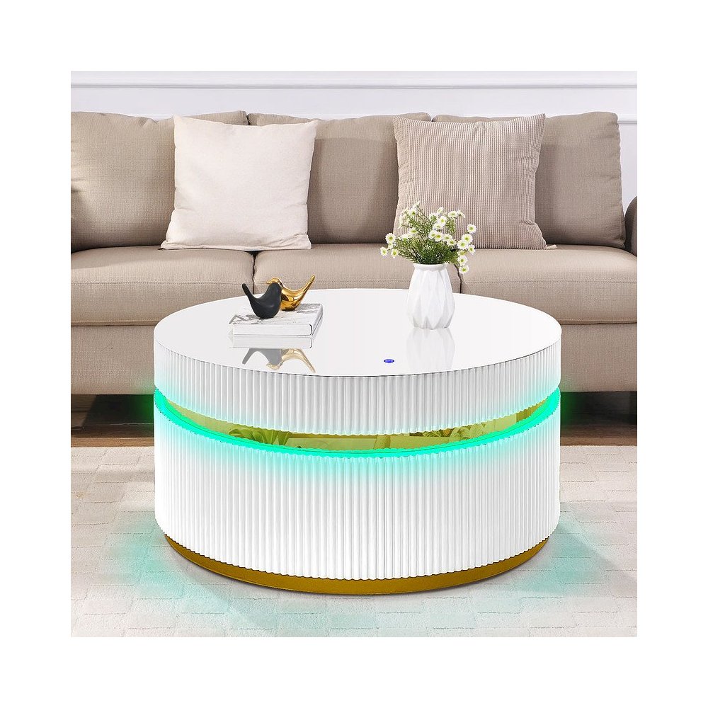 39″ Round White Coffee Table with Glass Top and LED Lights