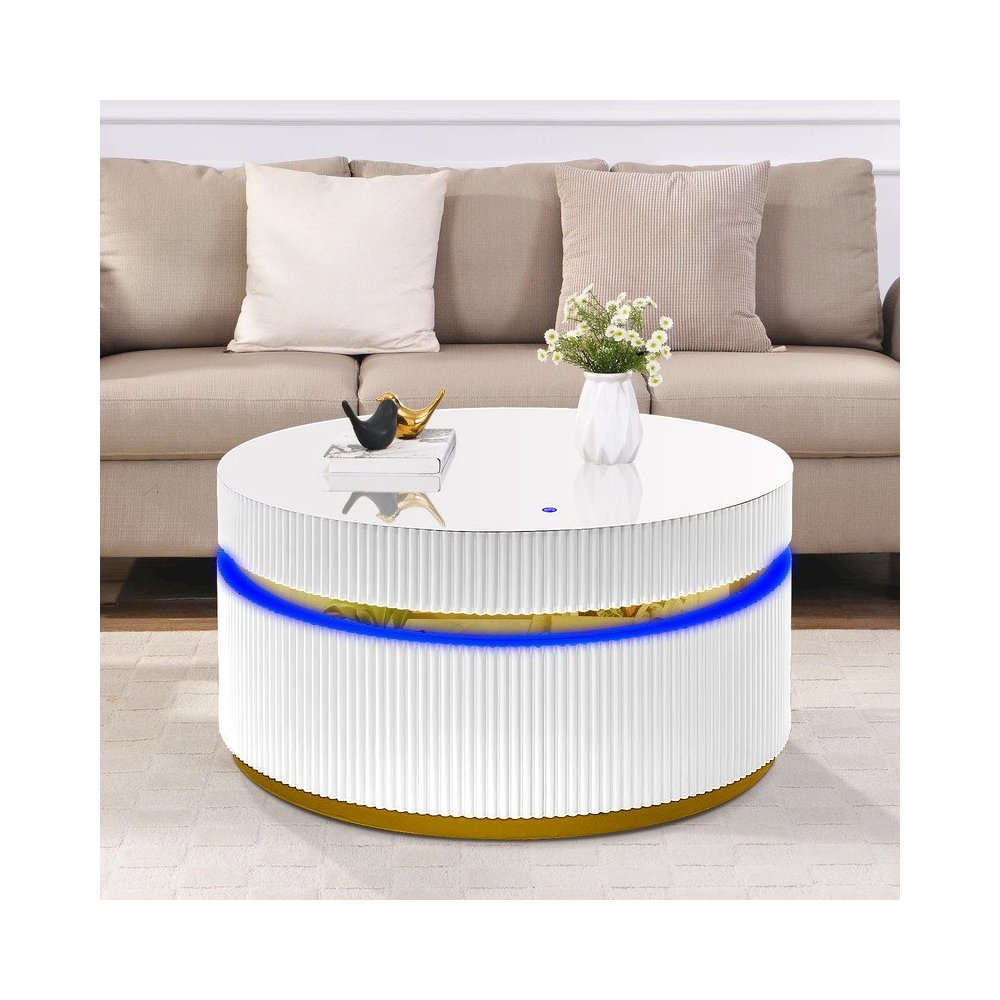 39″ Round White Coffee Table with Glass Top and LED Lights