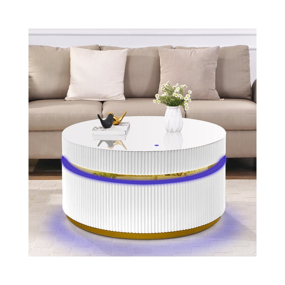 39″ Round White Coffee Table with Glass Top and LED Lights