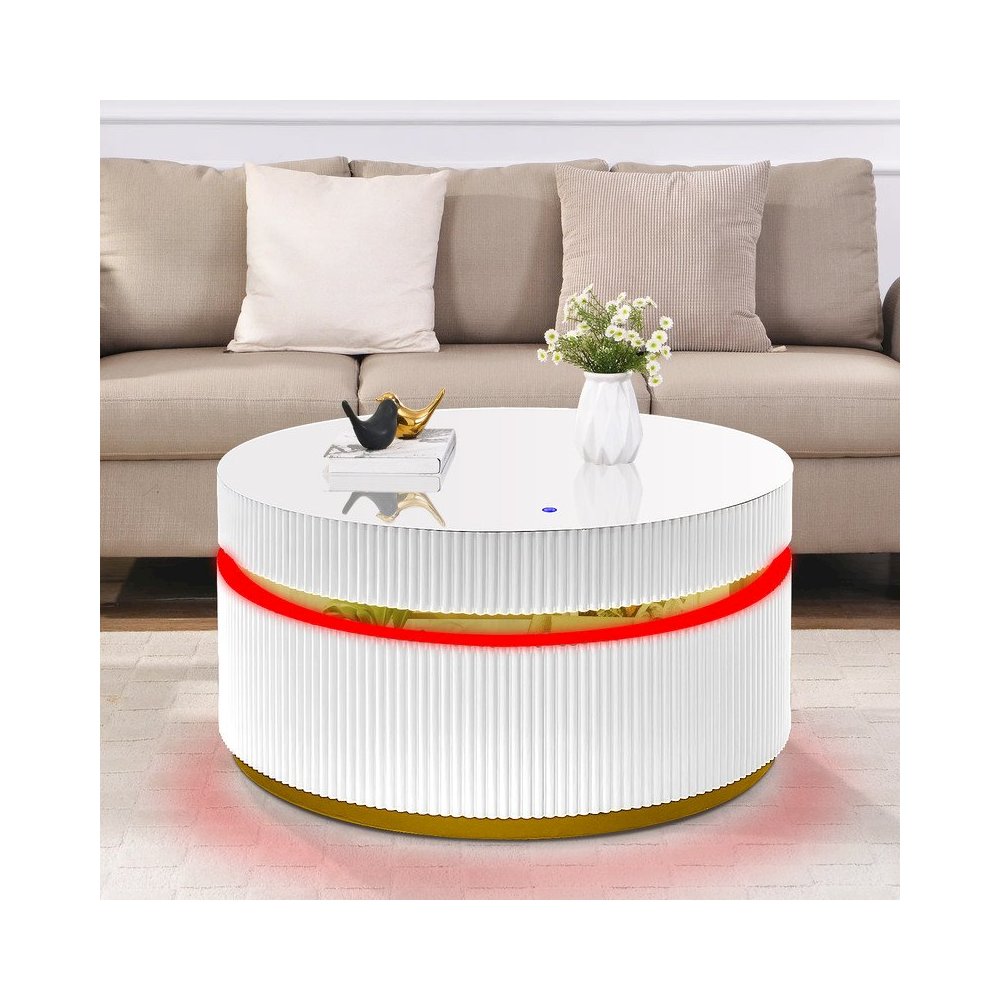 39″ Round White Coffee Table with Glass Top and LED Lights