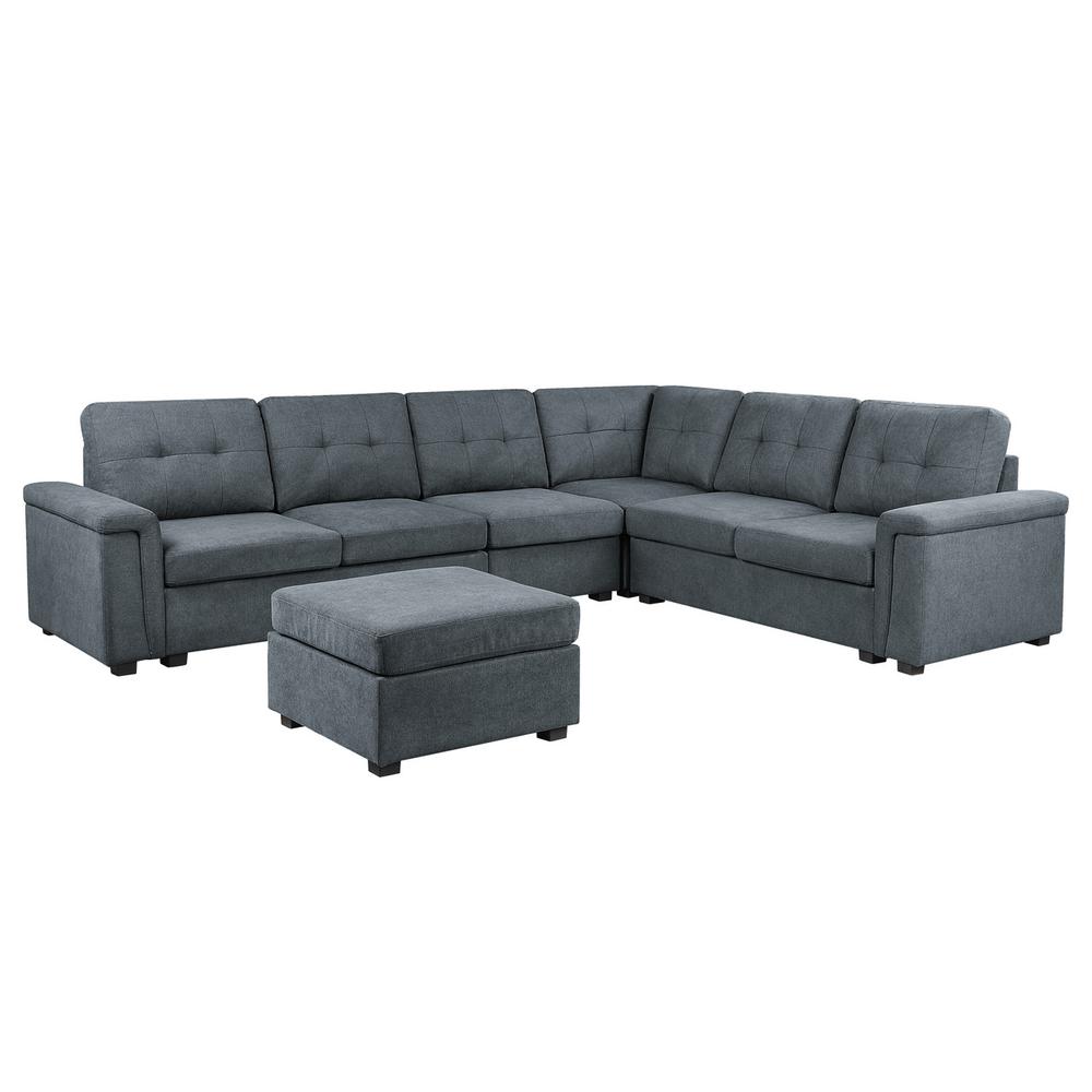 Isla Gray Woven Fabric 7-Seater Sectional Sofa with Ottoman