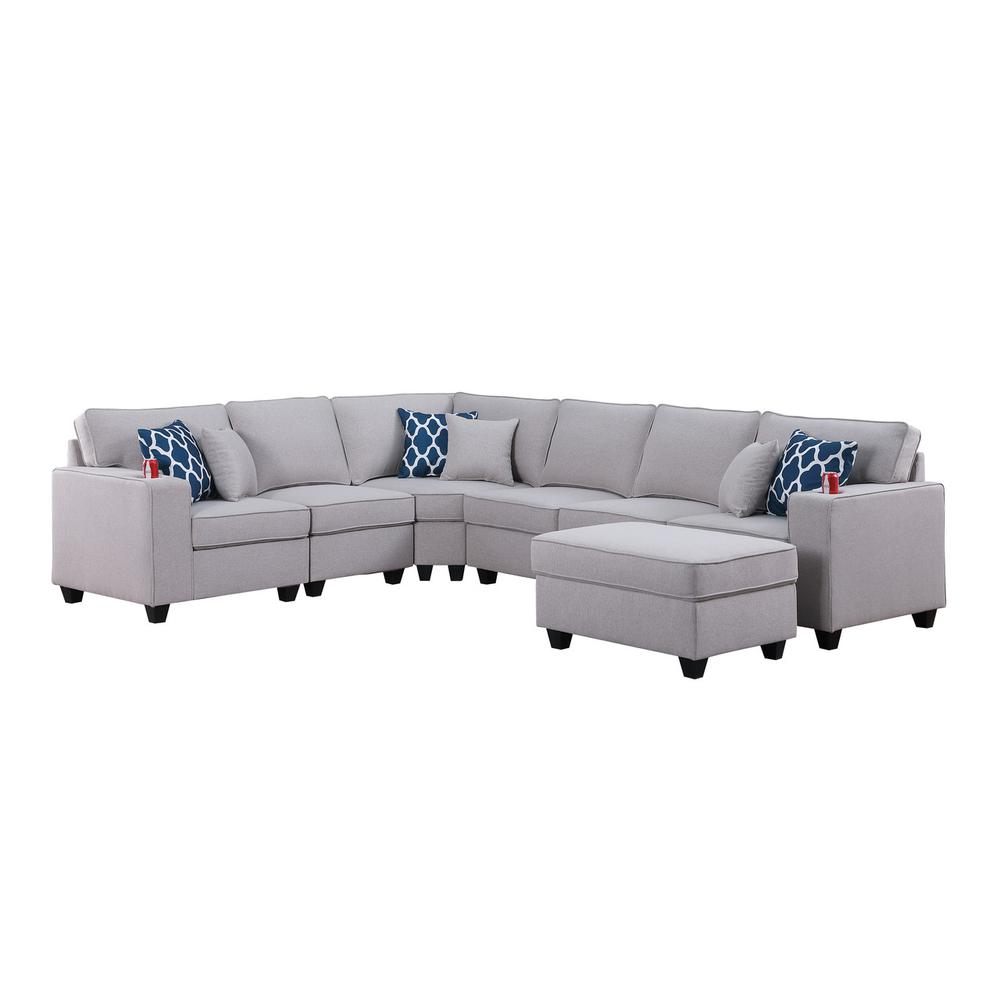Cooper Light Gray Linen 7Pc Reversible L-Shape Sectional Sofa with Ottoman and Cupholder