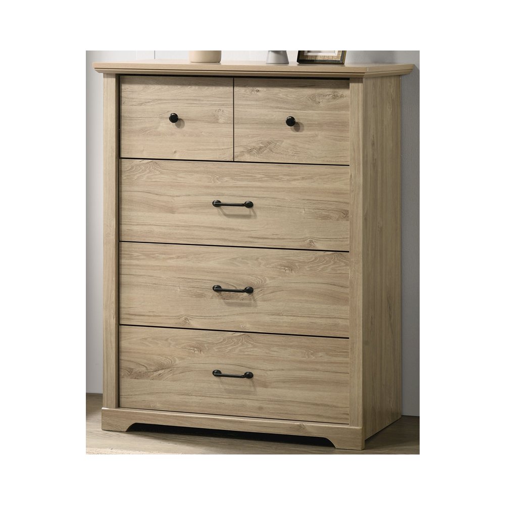 Elara 32″W Light Oak Finish 4-Drawer Chest with Black Handles