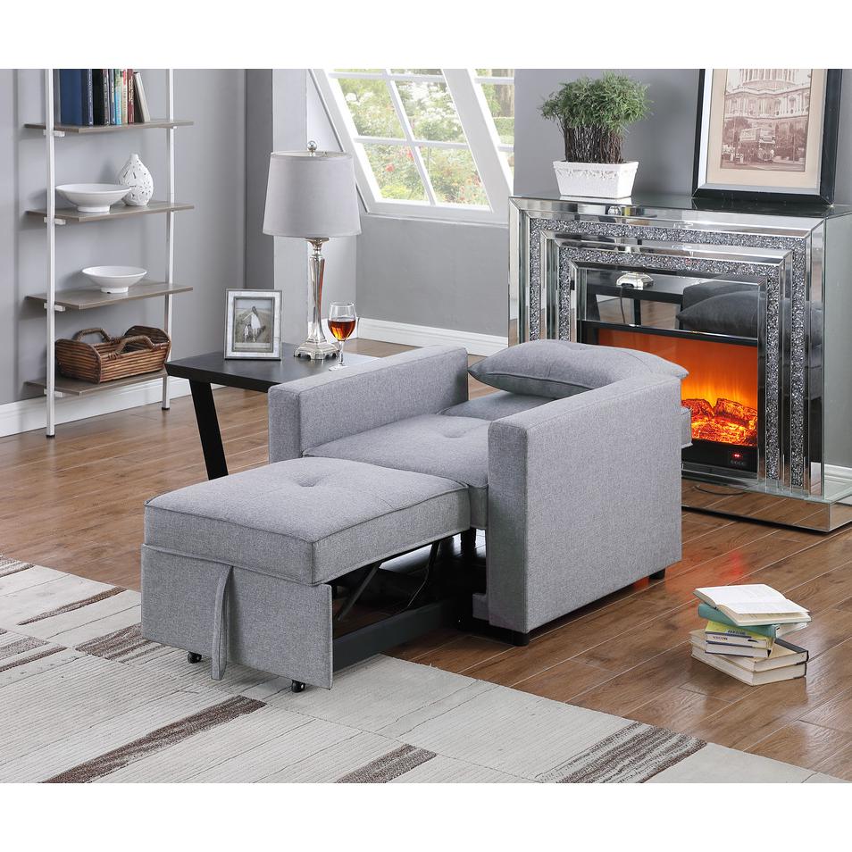 Zoey Light Gray Linen Convertible Sleeper Chair with Side Pocket