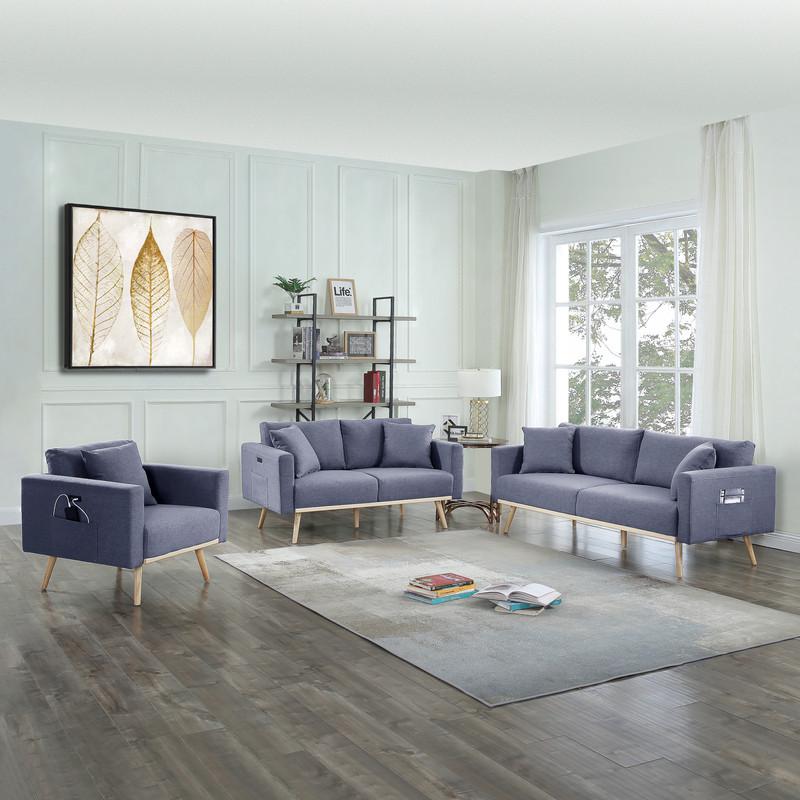 Easton Dark Gray Linen Fabric Sofa Loveseat Chair Living Room Set with USB Charging Ports Pockets & Pillows