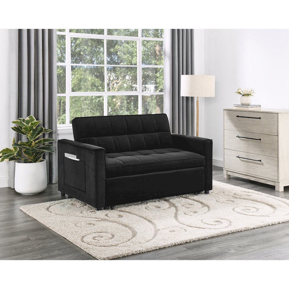 53.5″W Black Velvet Convertible Sleeper Loveseat with Tufting