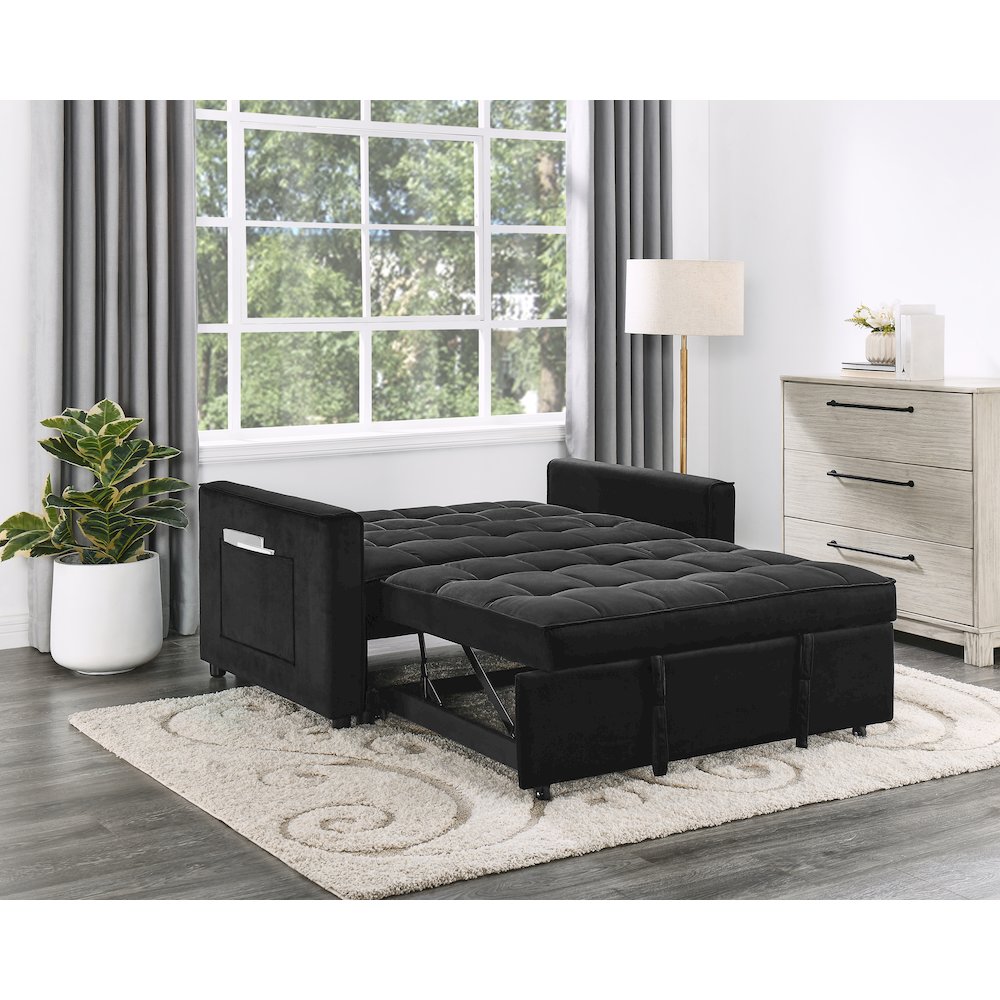 53.5″W Black Velvet Convertible Sleeper Loveseat with Tufting