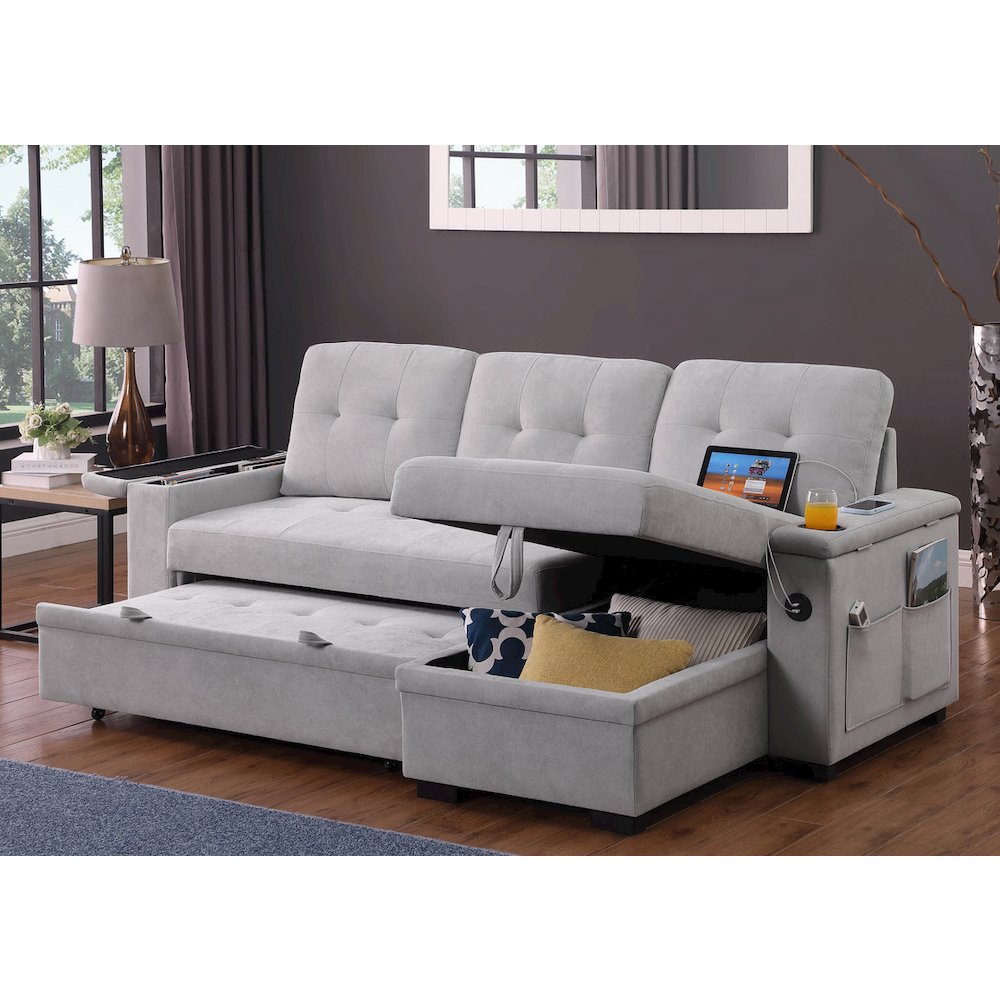 Ashlyn II 84″W Gray Woven Reversible Sleeper Sectional Sofa with Storage Chaise