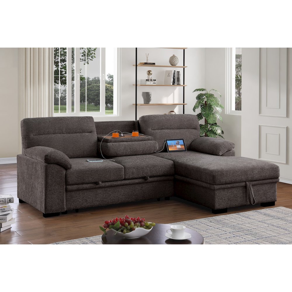 Kipling II 94″W Brown Chenille Sleeper Sectional Sofa with Right-Facing Chaise