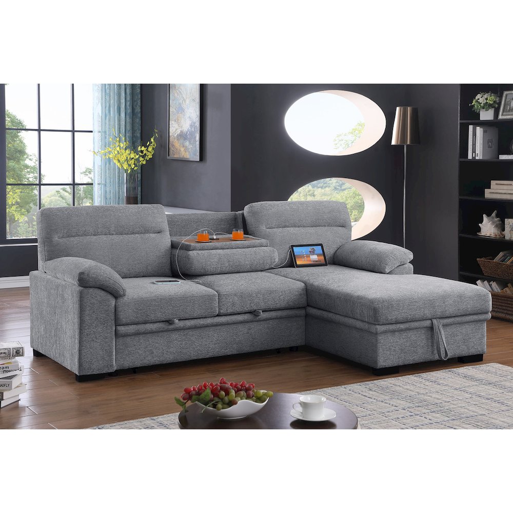94″W Light Gray Chenille Fabric Sleeper Sectional Sofa with Right-Facing Chaise