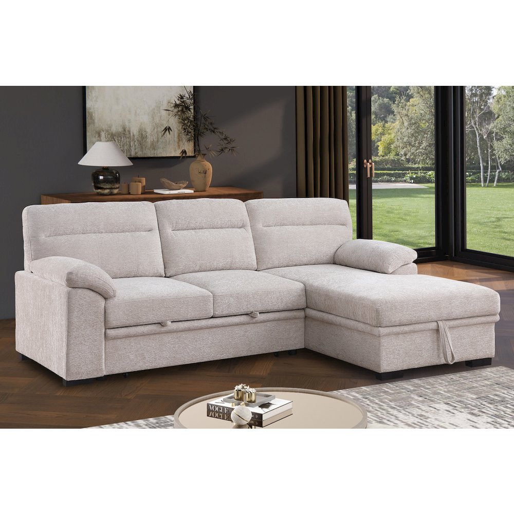 Kipling II 94″W Beige Chenille Sleeper Sectional Sofa with Right-Facing Chaise