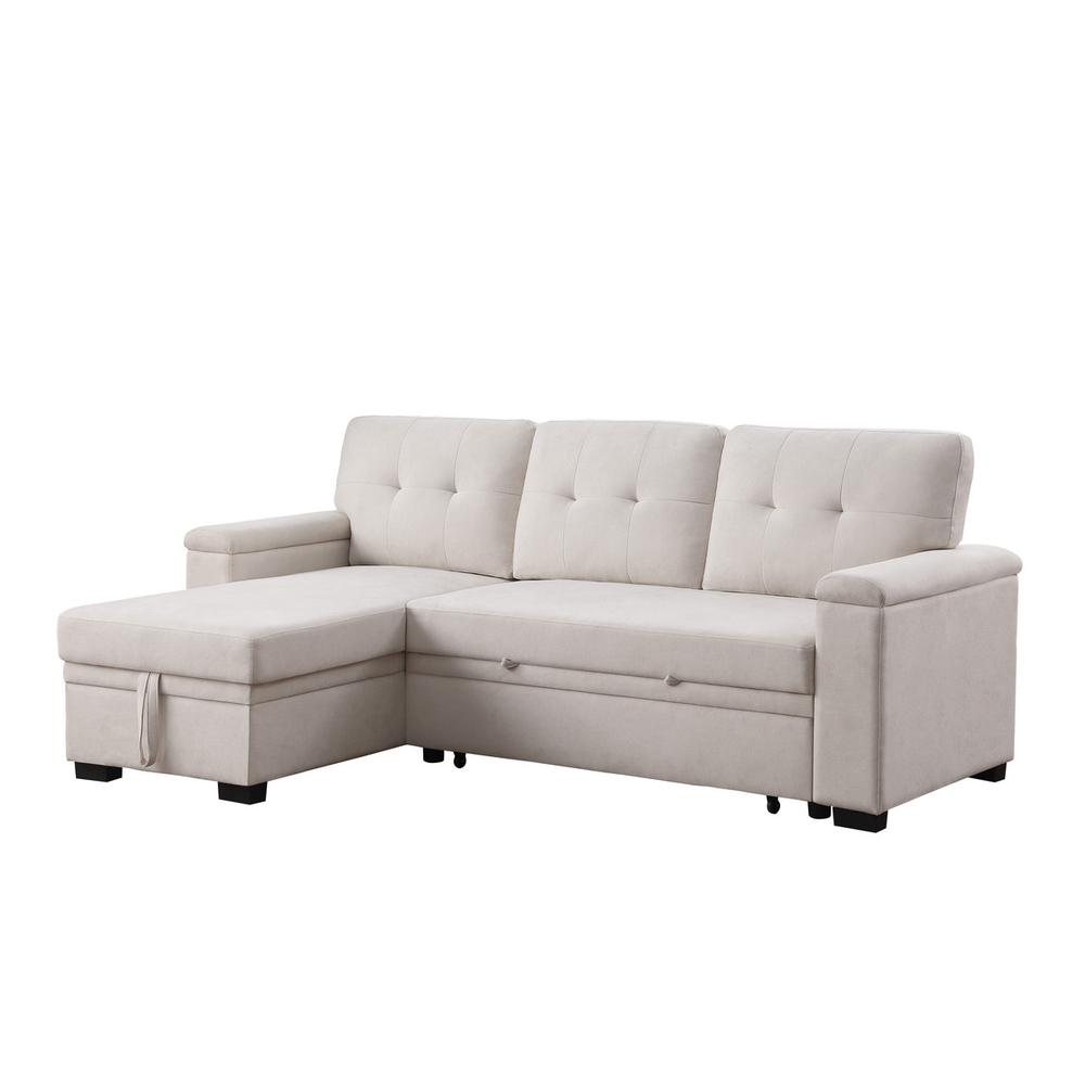 84.5″W Beige Woven Fabric Reversible Sleeper Sectional Sofa