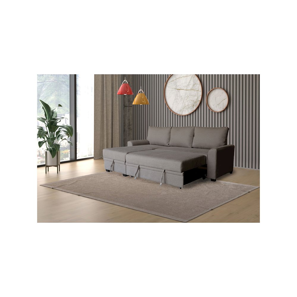 90.5″W Brown Flannel Fabric Sleeper Sectional with Left-Facing Storage Chaise