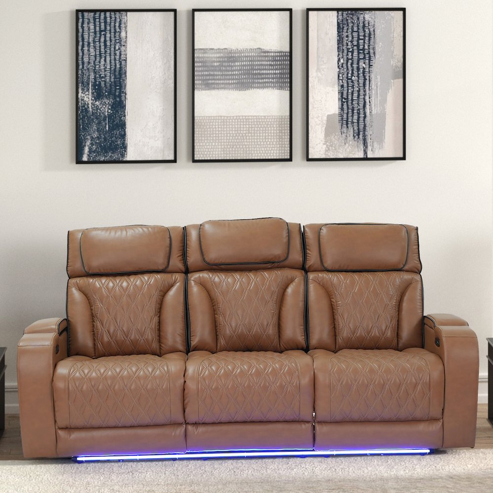 86″ Light Brown Leather Aire Transformer Power Reclining Sofa