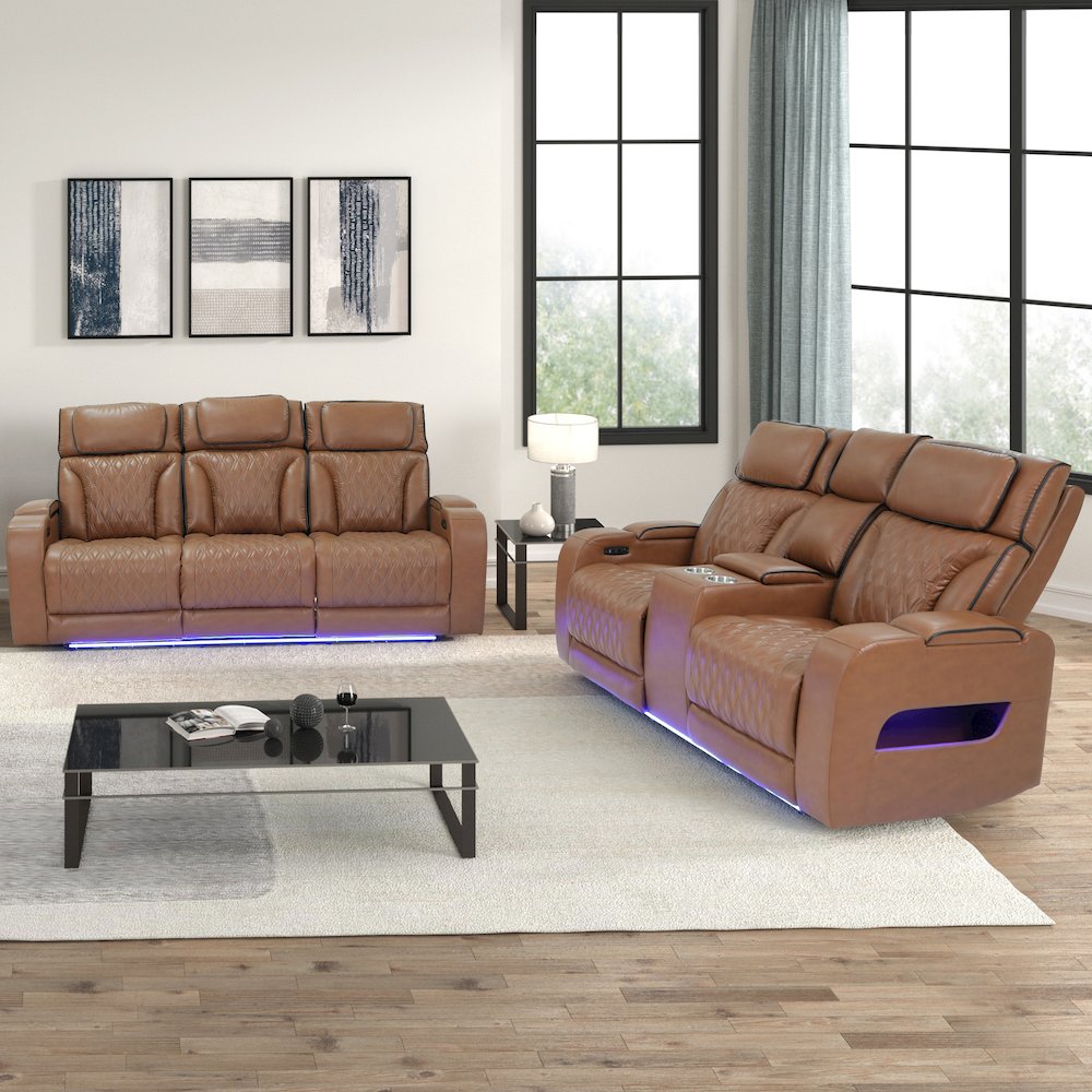 Light Brown Leather Aire Transformer Power Reclining Sofa & Loveseat