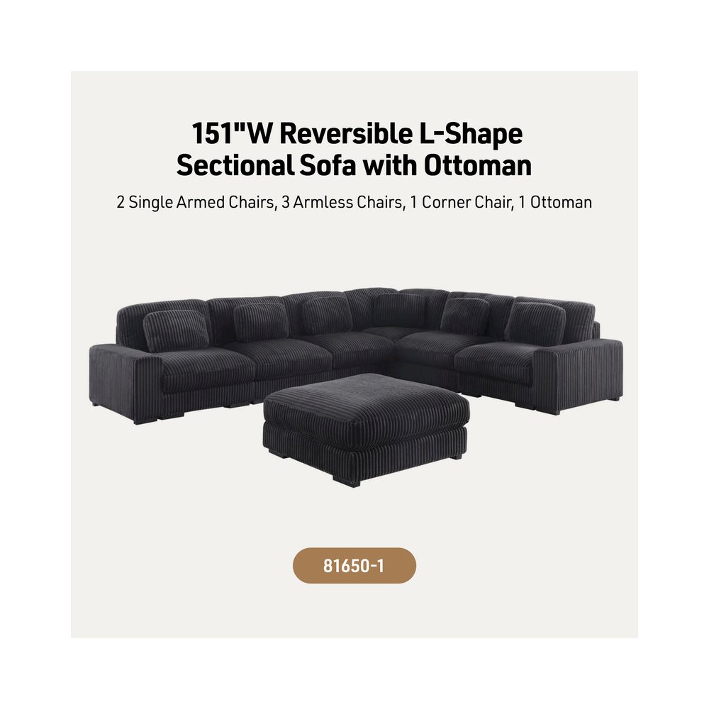 151″W Corduroy Fabric Reversible L-Shape Modular Sectional Sofa with Ottoman