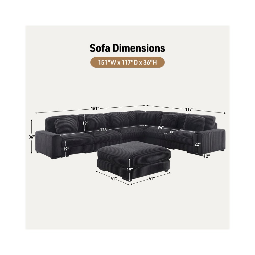 151″W Corduroy Fabric Reversible L-Shape Modular Sectional Sofa with Ottoman