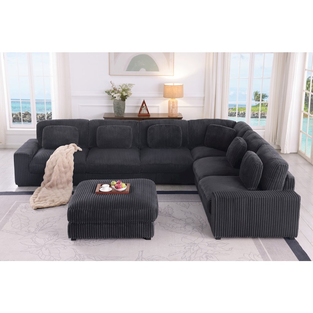 151″W Corduroy Fabric Reversible L-Shape Modular Sectional Sofa with Ottoman