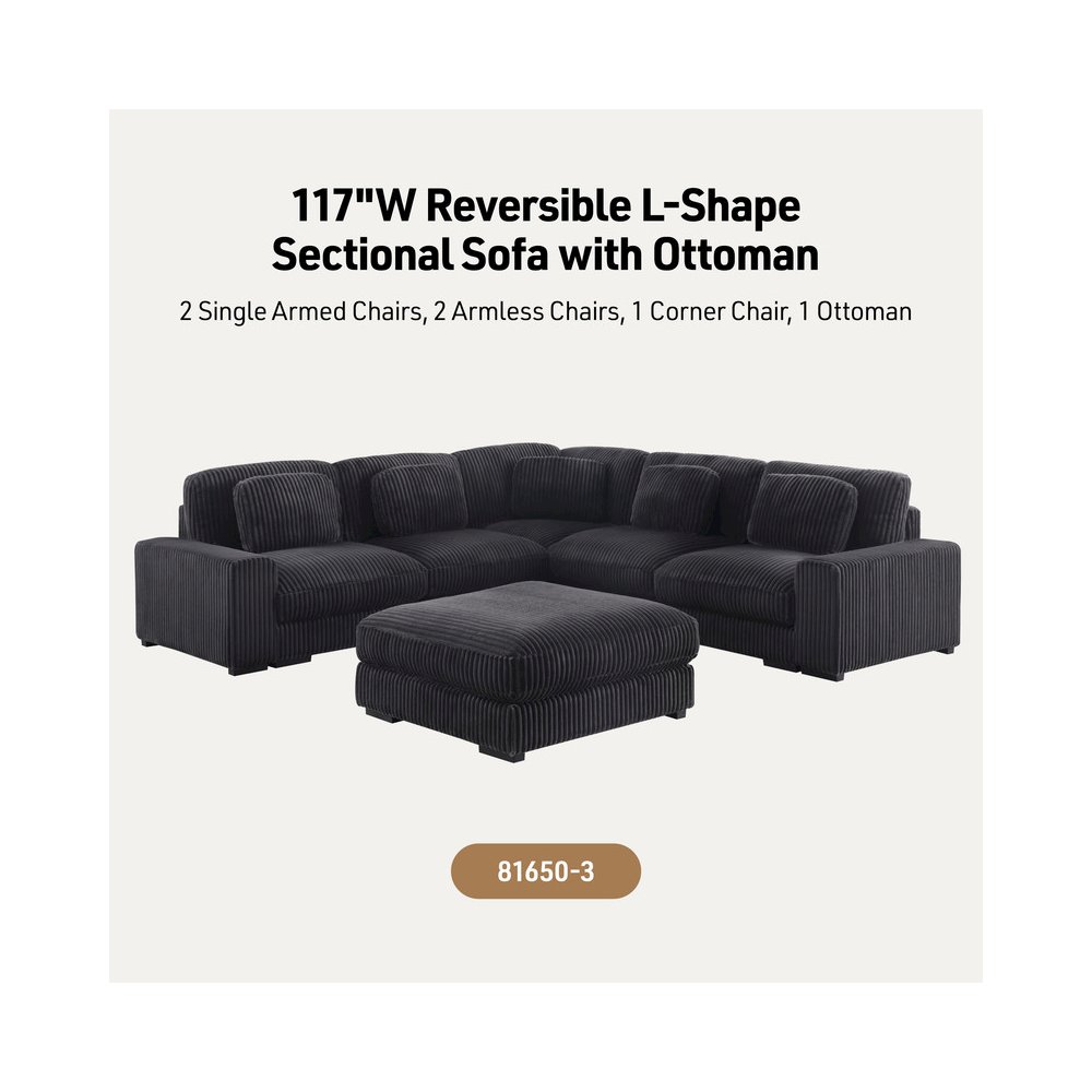 117″W Corduroy Fabric Reversible L-Shape Modular Sectional Sofa with Ottoman
