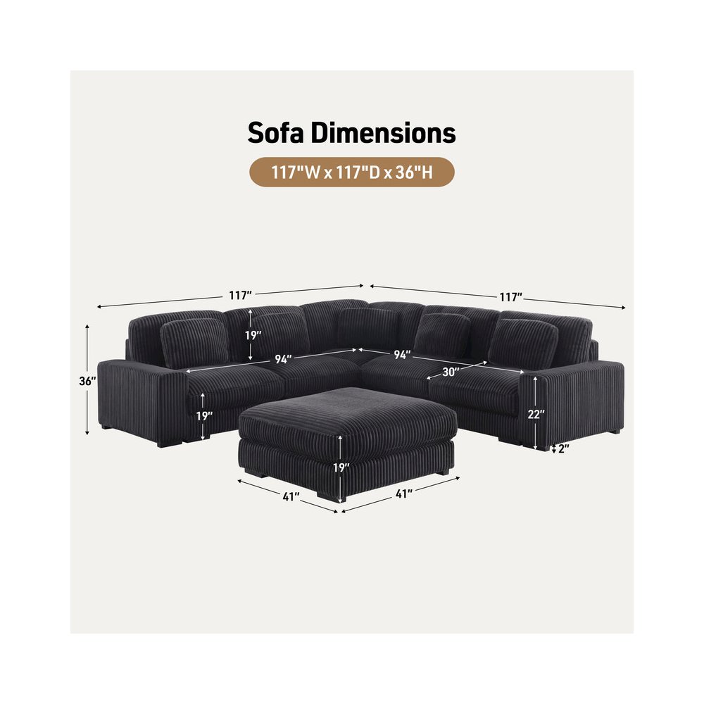 117″W Corduroy Fabric Reversible L-Shape Modular Sectional Sofa with Ottoman
