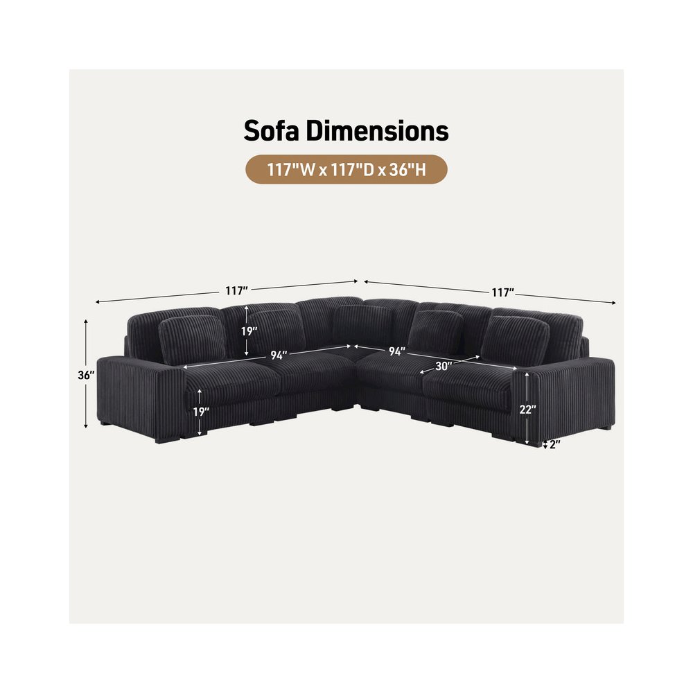 Sloane 117″W Charcoal Corduroy Fabric Reversible L-Shape Modular Sectional Sofa