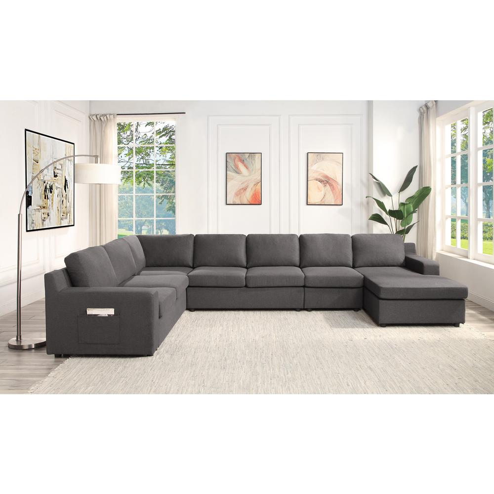 Waylon Gray Linen 7-Seater U-Shape Sectional Sofa Chaise with Pocket