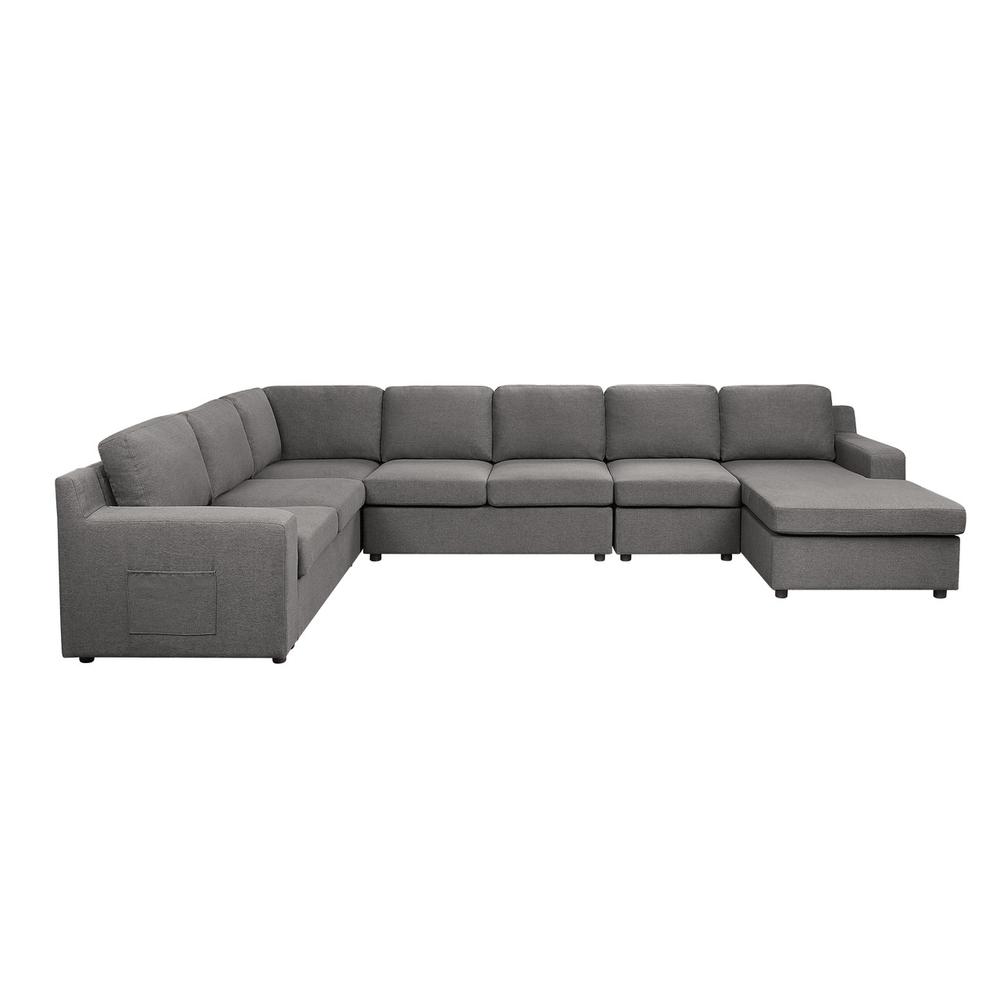 Waylon Gray Linen 7-Seater U-Shape Sectional Sofa Chaise with Pocket