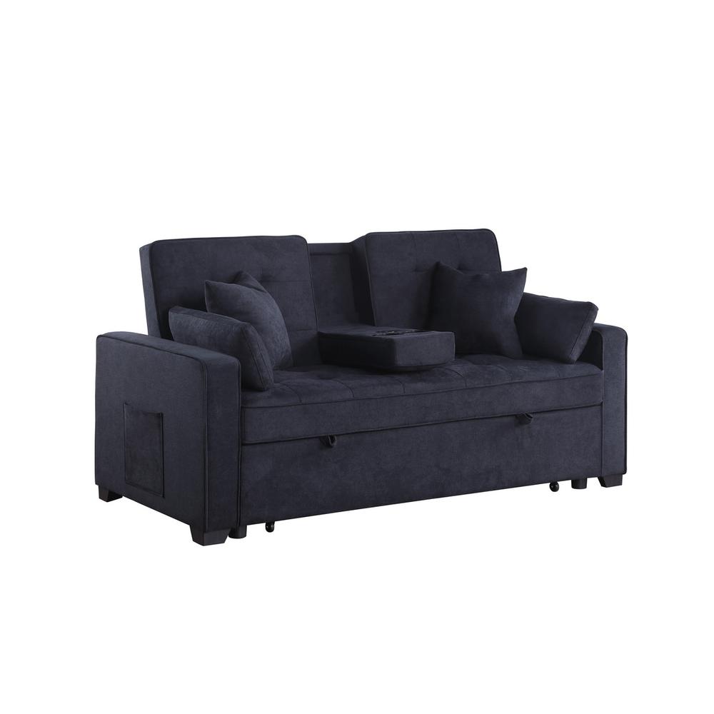 69.5″W Dark Gray Woven Fabric Convertible Sleeper Loveseat with Cup Holder