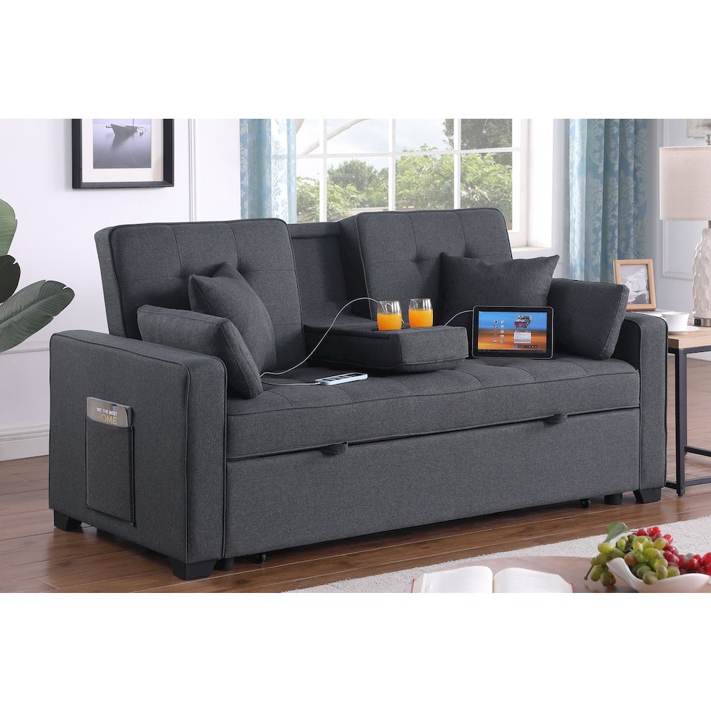 69.5″W Dark Gray Linen Convertible Sleeper Loveseat with Cup Holder