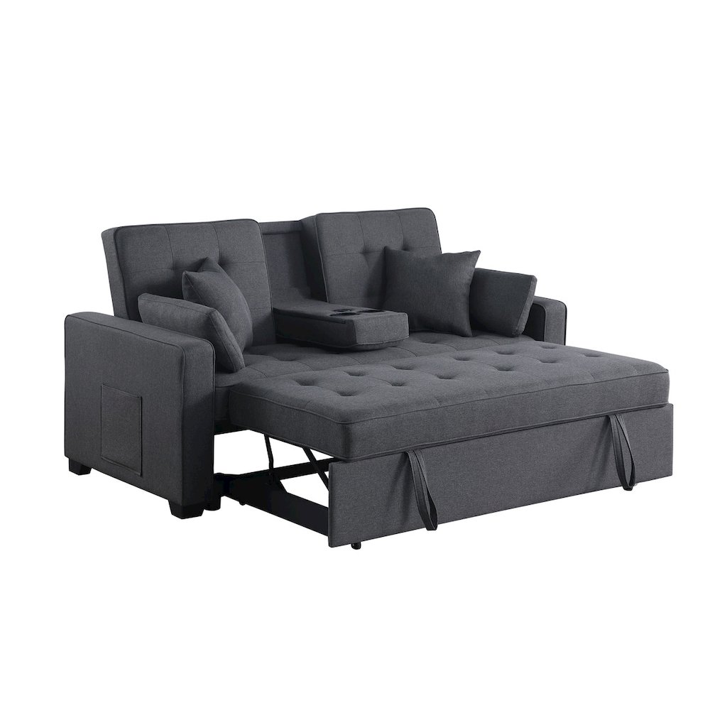Cody II 70″W Dark Gray Linen Convertible Sleeper Loveseat with Dropdown Console