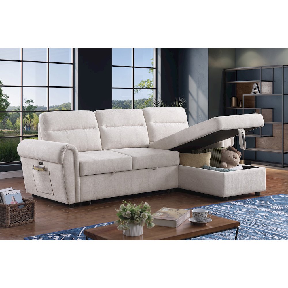 97″W Beige Chenille Reversible Sleeper Sectional Sofa Chaise with USB Charger