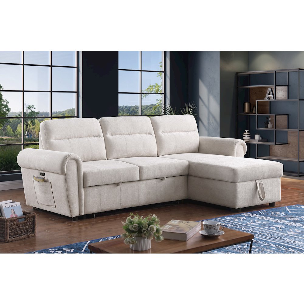 97″W Beige Chenille Reversible Sleeper Sectional Sofa Chaise with USB Charger