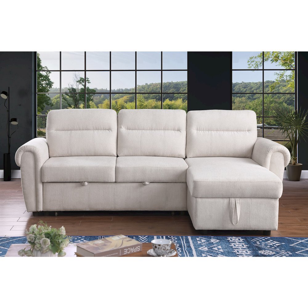 97″W Beige Chenille Reversible Sleeper Sectional Sofa Chaise with USB Charger