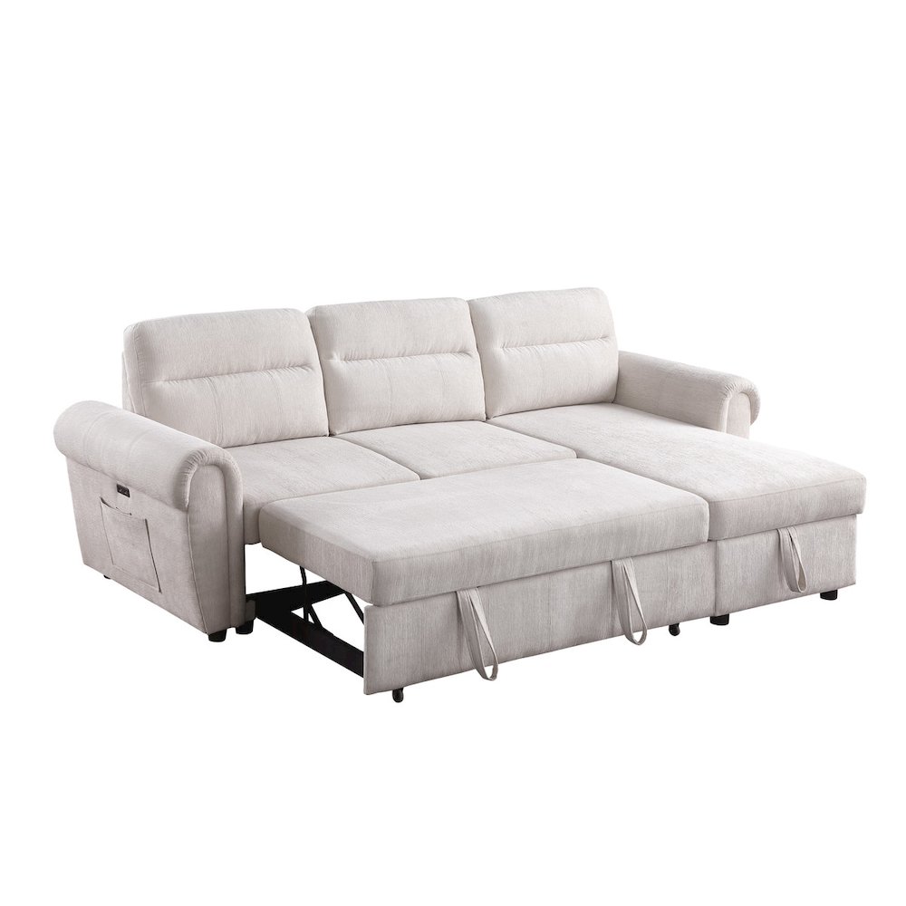 97″W Beige Chenille Reversible Sleeper Sectional Sofa Chaise with USB Charger