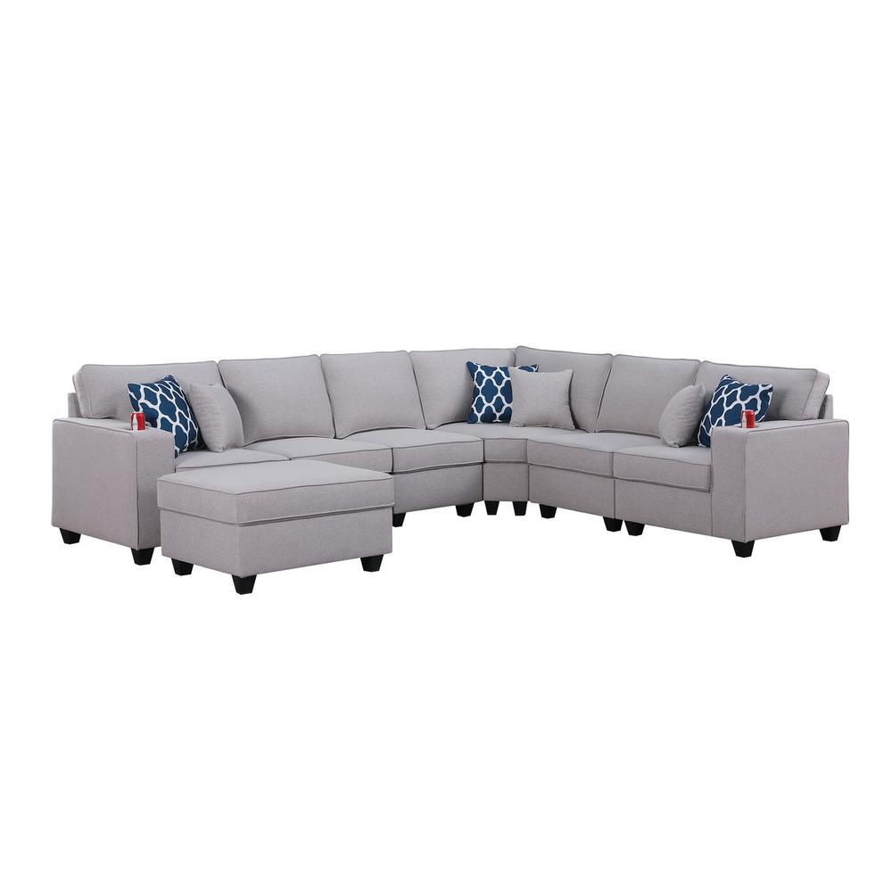 Cooper Light Gray Linen 7Pc Reversible L-Shape Sectional Sofa with Ottoman & Cupholder