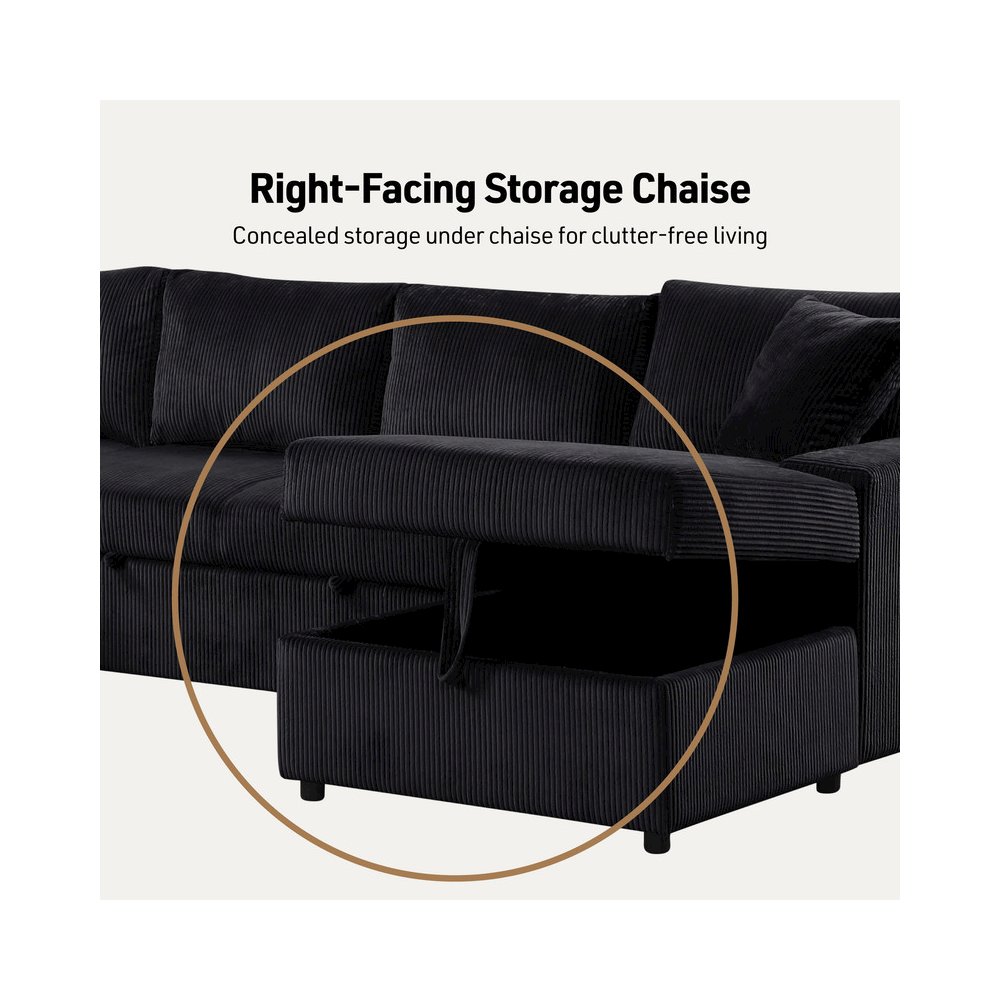 123″W Black Corduroy Sleeper Sectional Sofa with Chaise and Throw Pillows