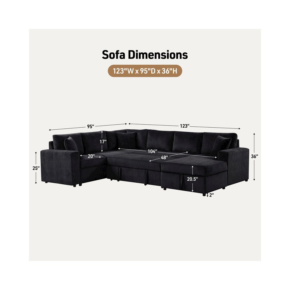 123″W Black Corduroy Sleeper Sectional Sofa with Chaise and Throw Pillows
