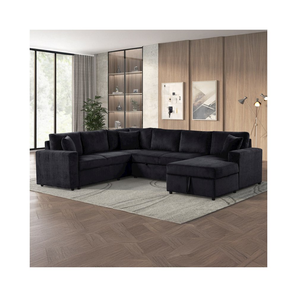 123″W Black Corduroy Sleeper Sectional Sofa with Chaise and Throw Pillows