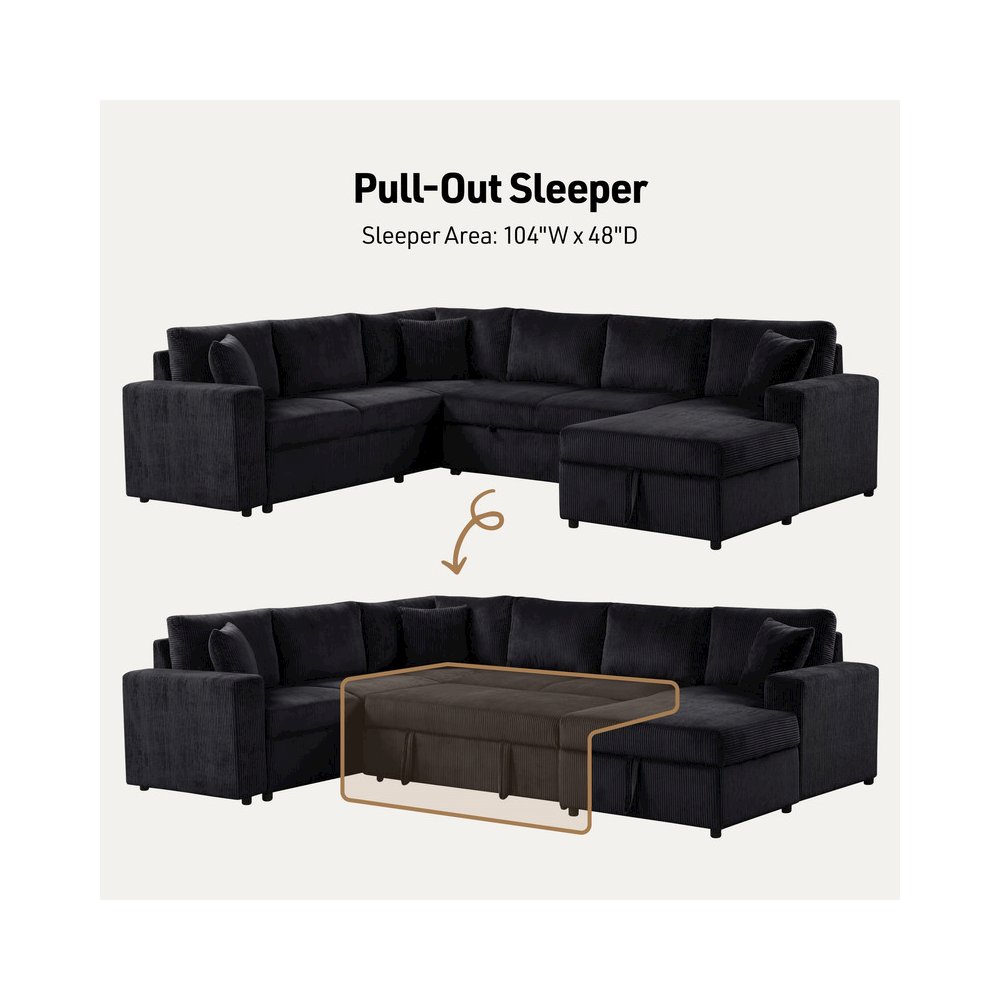 123″W Black Corduroy Sleeper Sectional Sofa with Chaise and Throw Pillows