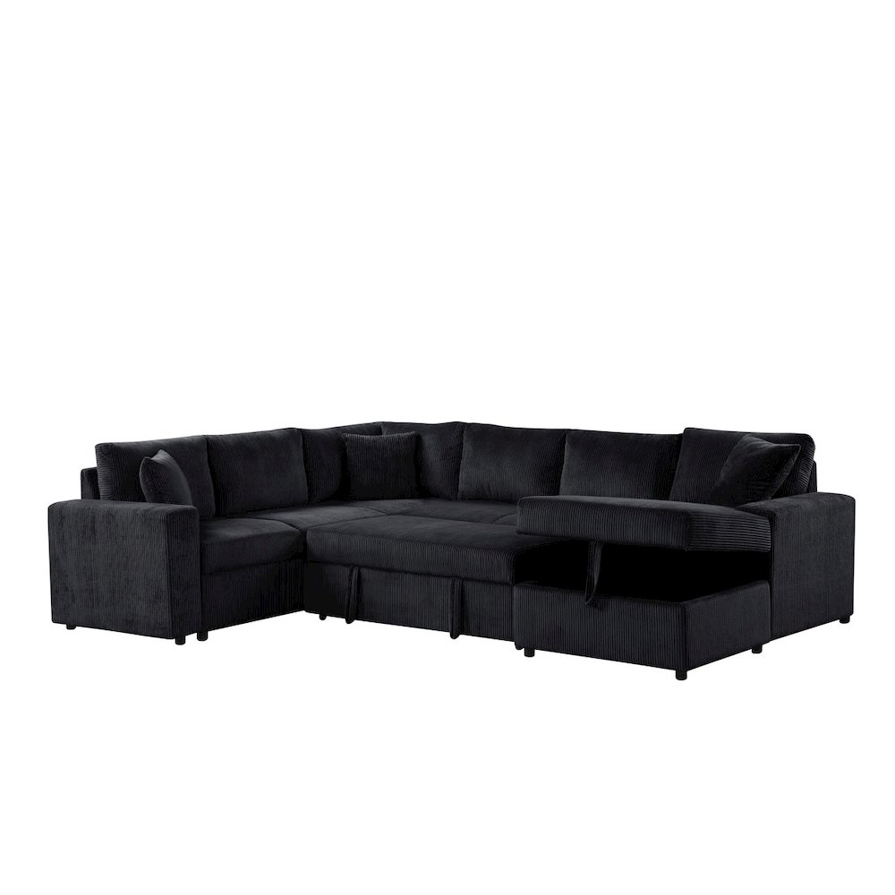 123″W Black Corduroy Sleeper Sectional Sofa with Chaise and Throw Pillows