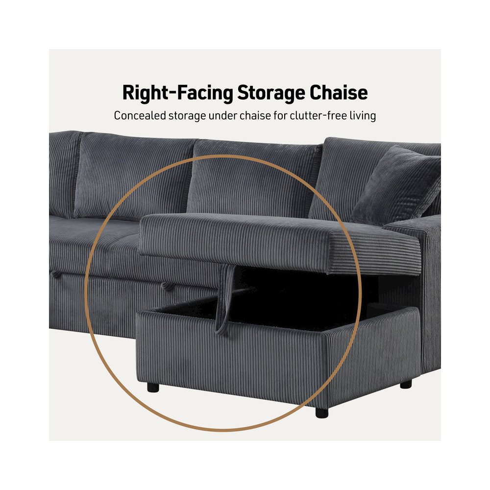 123″W Gray Corduroy Sleeper Sectional Sofa with Chaise and Throw Pillows