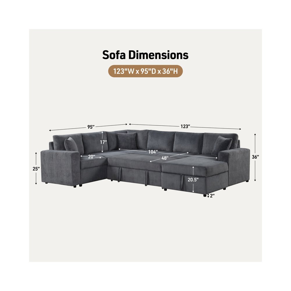 123″W Gray Corduroy Sleeper Sectional Sofa with Chaise and Throw Pillows