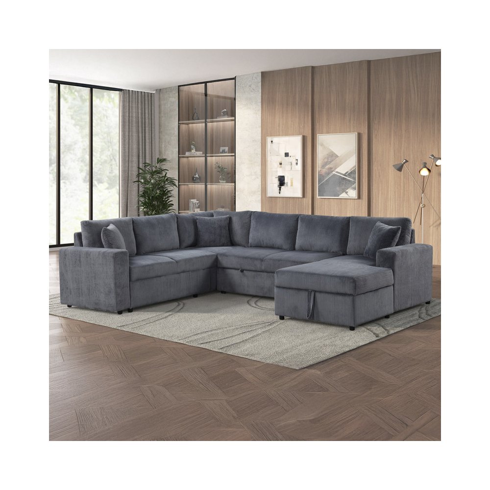 123″W Gray Corduroy Sleeper Sectional Sofa with Chaise and Throw Pillows