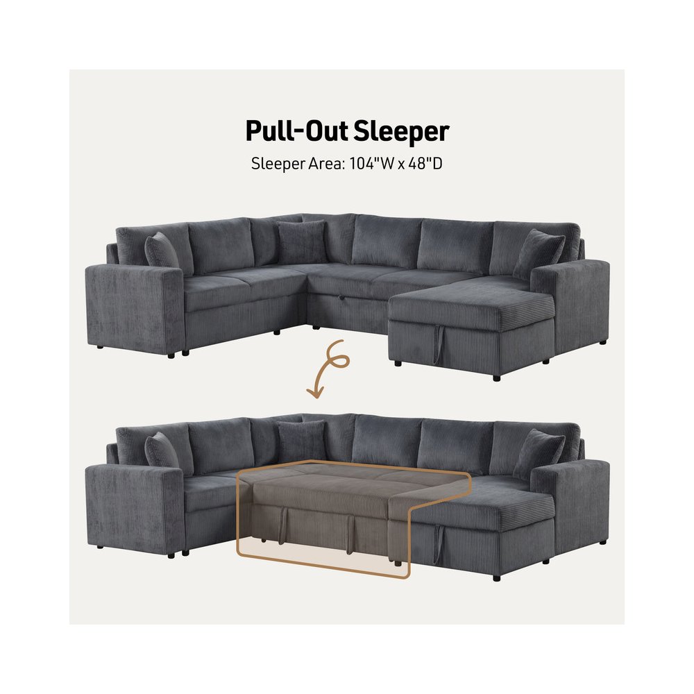 123″W Gray Corduroy Sleeper Sectional Sofa with Chaise and Throw Pillows