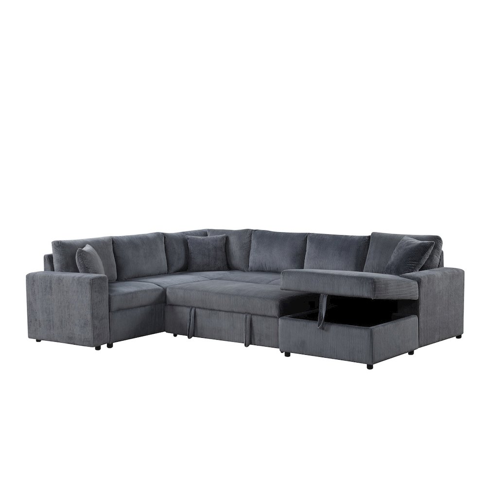 123″W Gray Corduroy Sleeper Sectional Sofa with Chaise and Throw Pillows