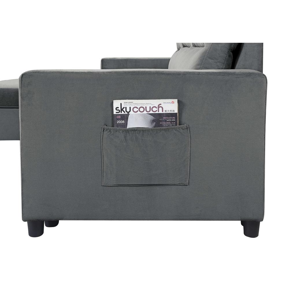 Ivy Dark Gray Velvet Reversible Sleeper Sectional Sofa with Storage Chaise and Side Pocket