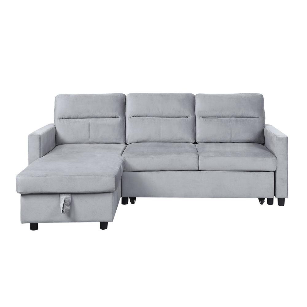 Ruby Light Gray Velvet Reversible Sleeper Sectional Sofa with Storage Chaise and Side Pocket
